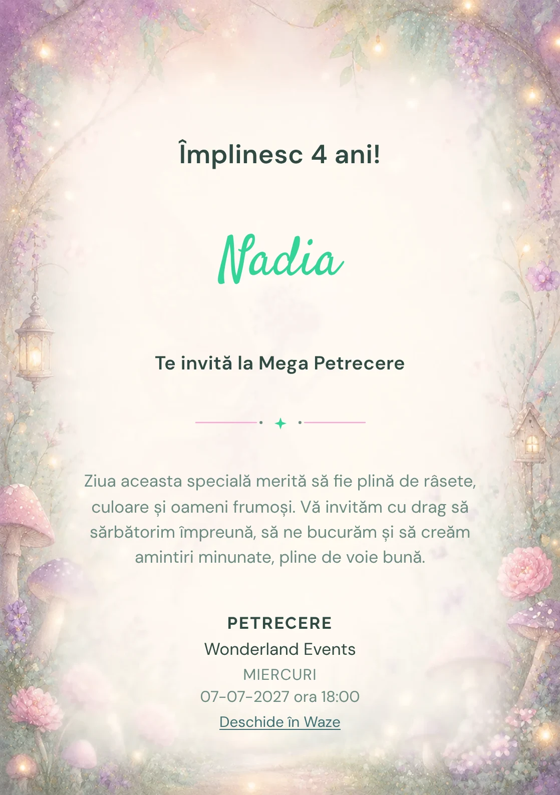 Poveste cu Zâne – invitație aniversară pentru copii, cu o zână transparentă, flori, ciupercuțe și lumini mici.