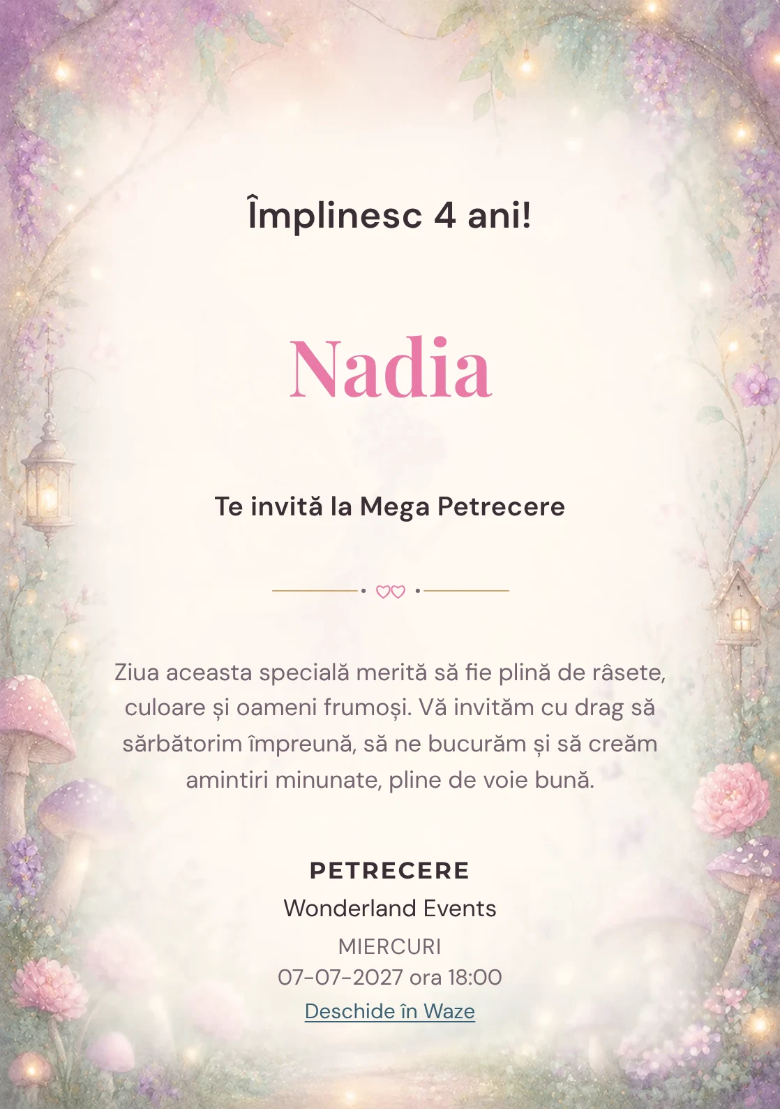 Poveste cu Zâne – invitație aniversară pentru copii, cu o zână transparentă, flori, ciupercuțe și lumini mici.