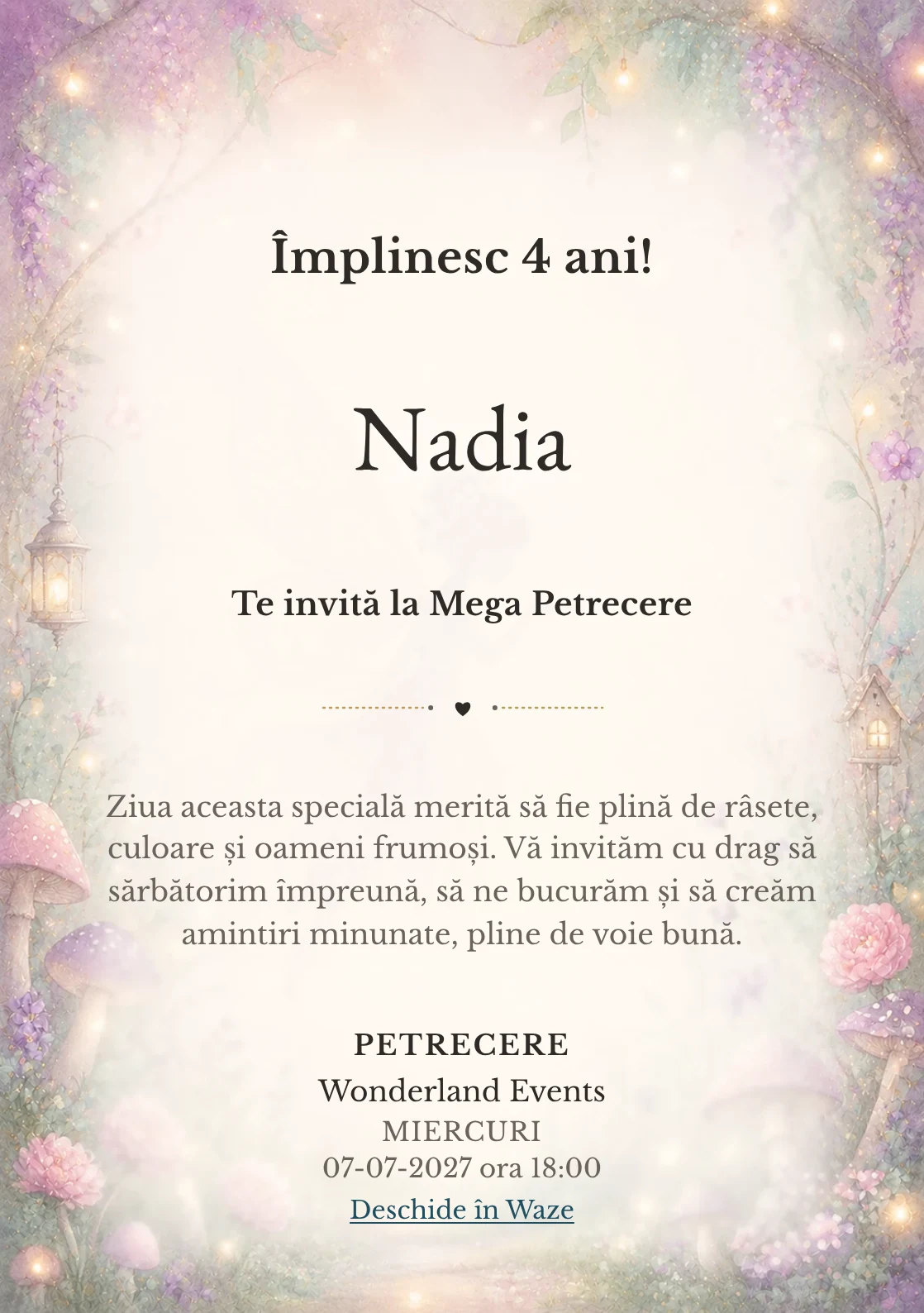Poveste cu Zâne – invitație aniversară pentru copii, cu o zână transparentă, flori, ciupercuțe și lumini mici.