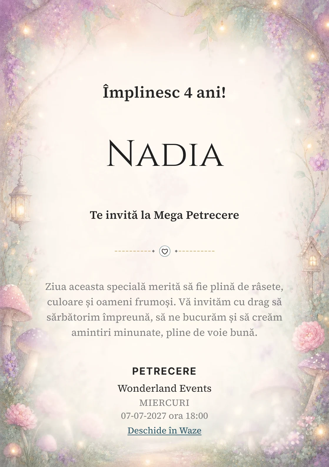Poveste cu Zâne – invitație aniversară pentru copii, cu o zână transparentă, flori, ciupercuțe și lumini mici.
