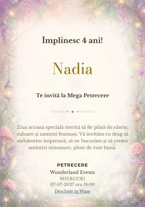 Poveste cu Zâne – invitație aniversară pentru copii, cu o zână transparentă, flori, ciupercuțe și lumini mici.