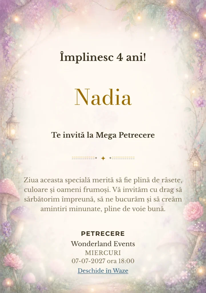 Poveste cu Zâne – invitație aniversară pentru copii, cu o zână transparentă, flori, ciupercuțe și lumini mici.