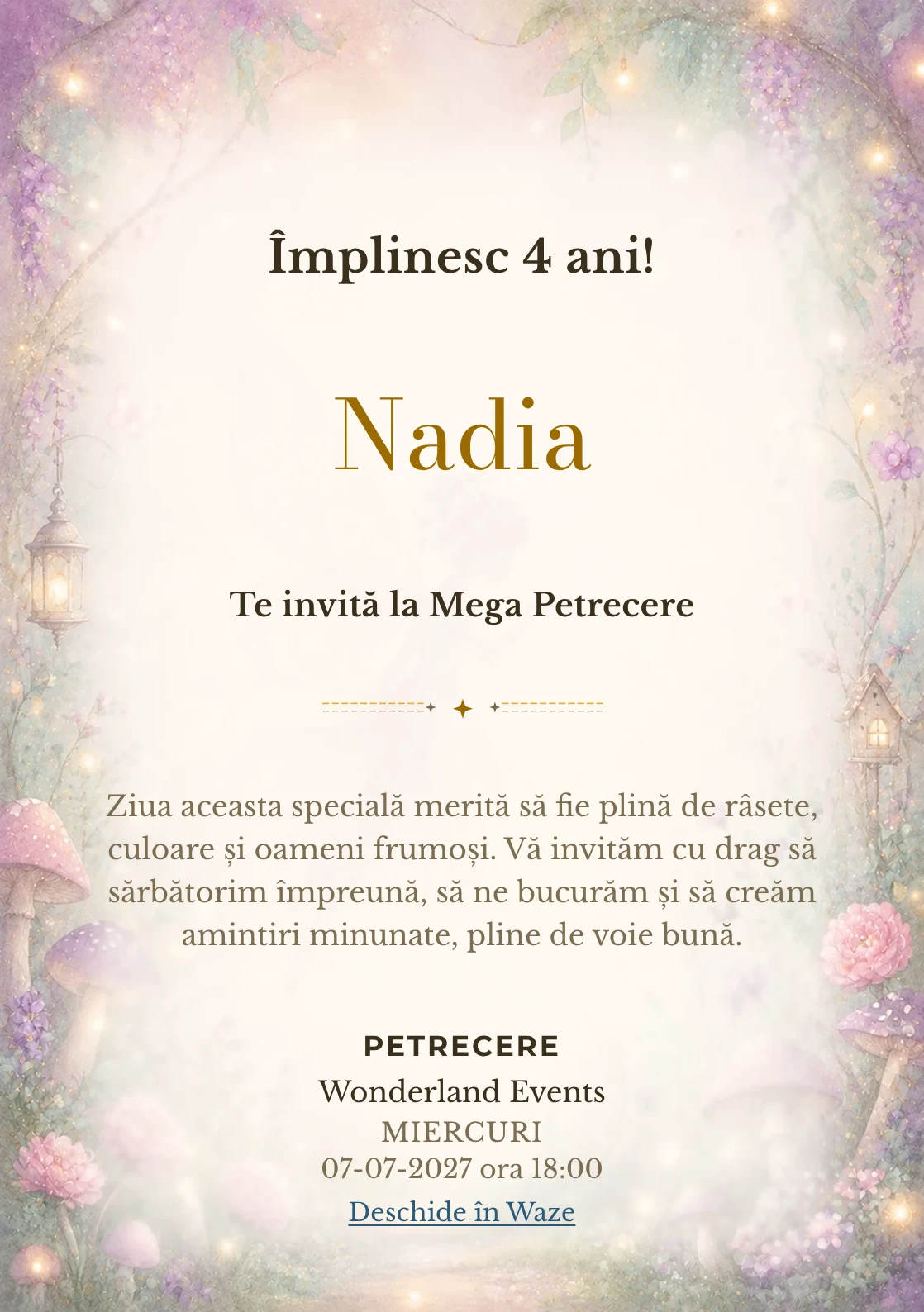 Poveste cu Zâne – invitație aniversară pentru copii, cu o zână transparentă, flori, ciupercuțe și lumini mici.
