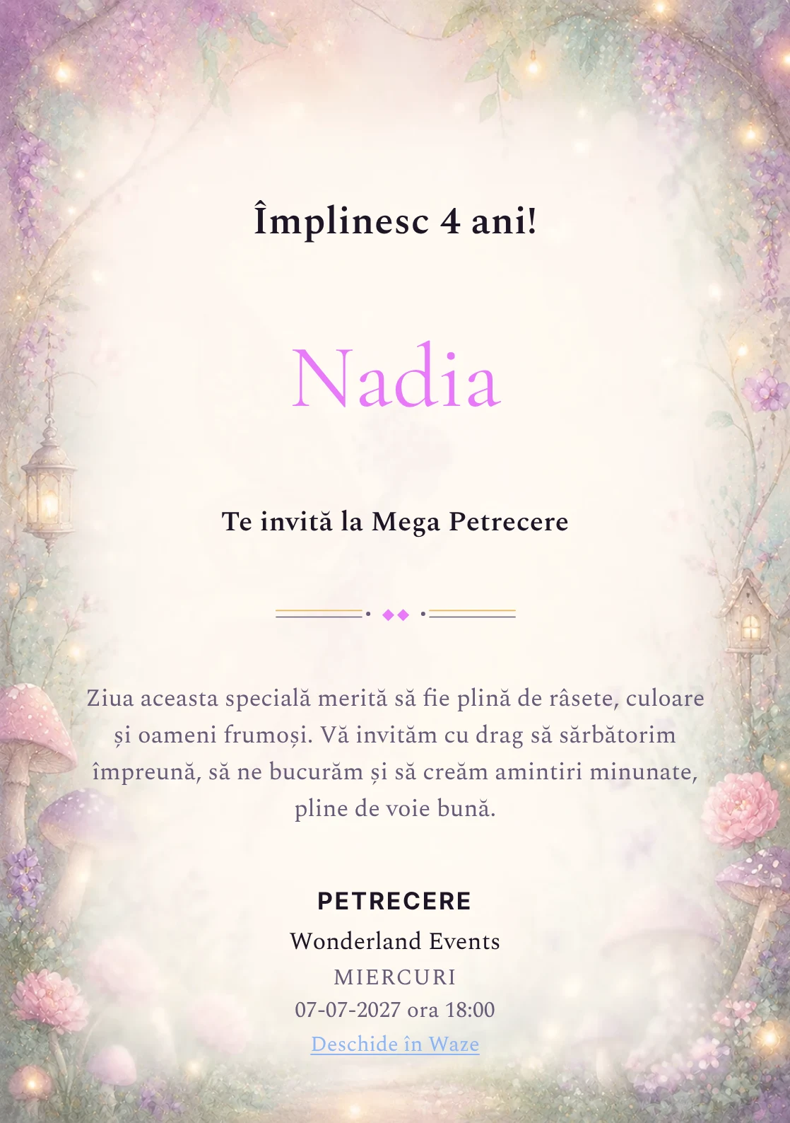 Poveste cu Zâne – invitație aniversară pentru copii, cu o zână transparentă, flori, ciupercuțe și lumini mici.