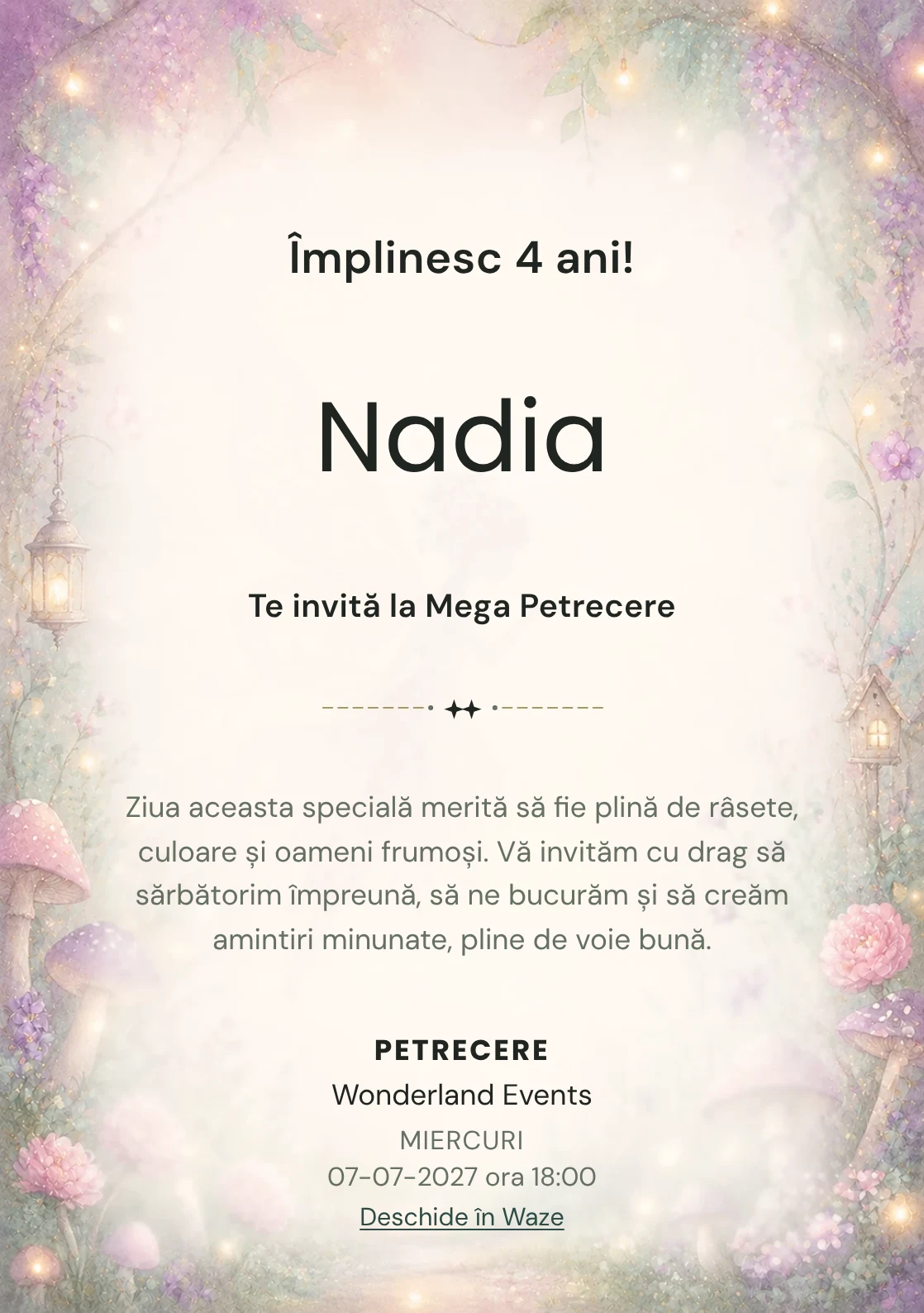 Poveste cu Zâne – invitație aniversară pentru copii, cu o zână transparentă, flori, ciupercuțe și lumini mici.