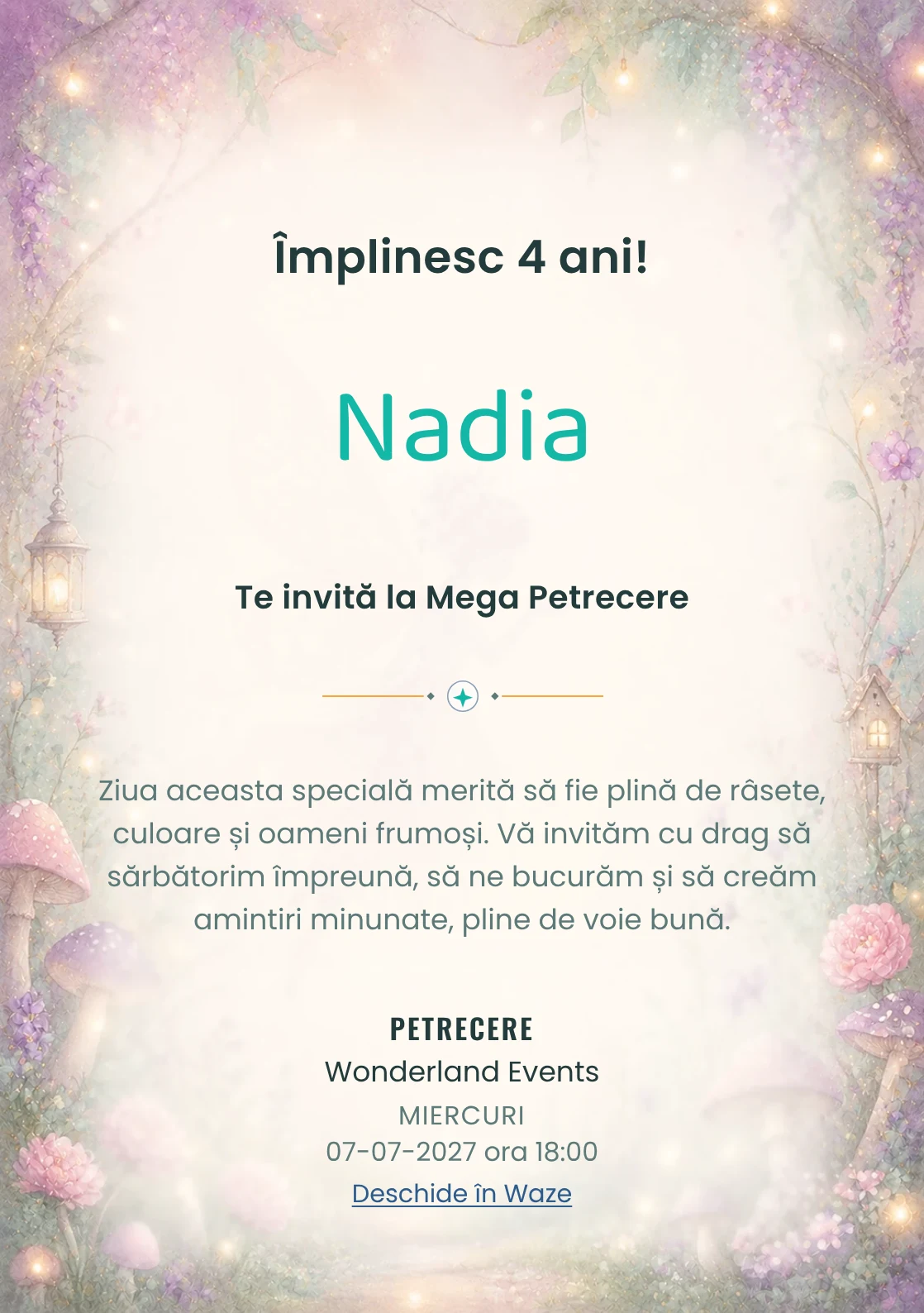 Poveste cu Zâne – invitație aniversară pentru copii, cu o zână transparentă, flori, ciupercuțe și lumini mici.