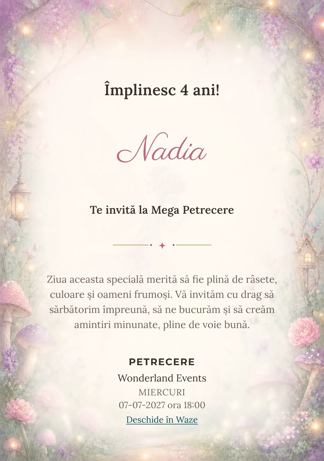 Poveste cu Zâne – invitație aniversară pentru copii, cu o zână transparentă, flori, ciupercuțe și lumini mici.