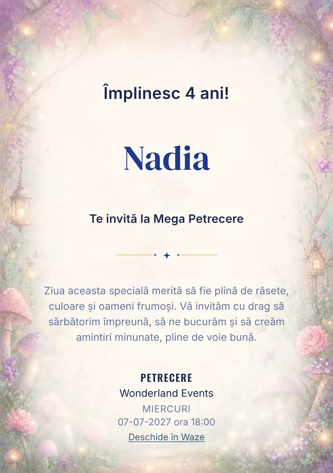 Poveste cu Zâne – invitație aniversară pentru copii, cu o zână transparentă, flori, ciupercuțe și lumini mici.