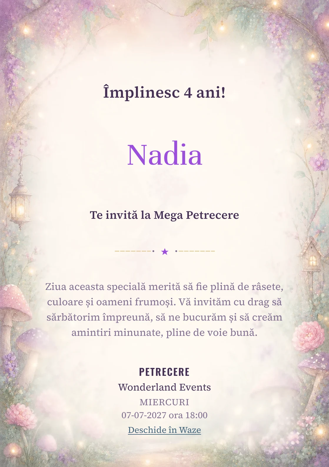 Poveste cu Zâne – invitație aniversară pentru copii, cu o zână transparentă, flori, ciupercuțe și lumini mici.