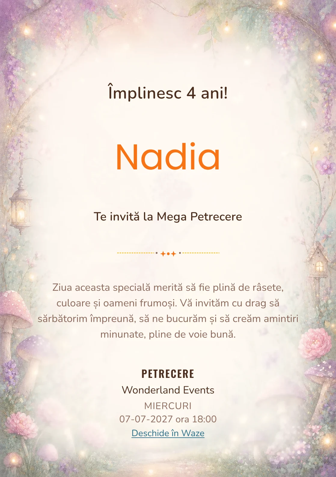 Poveste cu Zâne – invitație aniversară pentru copii, cu o zână transparentă, flori, ciupercuțe și lumini mici.