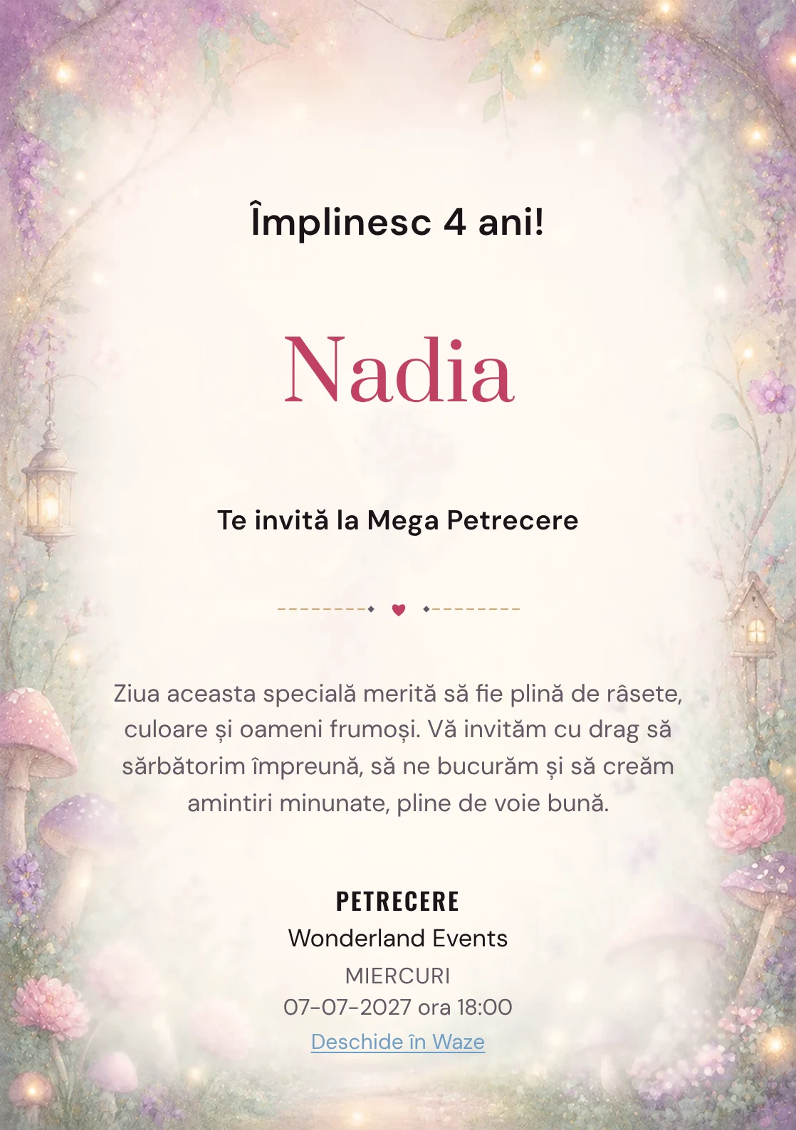 Poveste cu Zâne – invitație aniversară pentru copii, cu o zână transparentă, flori, ciupercuțe și lumini mici.