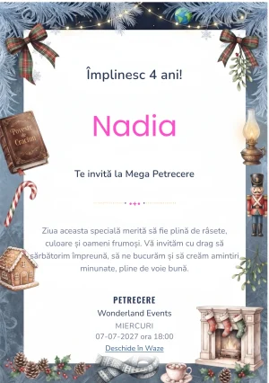 Modelul Poveste de Crăciun – Magia Sărbătorilor, invitație de zi de naștere pentru copii, prezintă zăpadă, brazi, funde, cadouri și decor de iarnă.