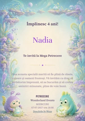 Invitație la zi de naștere Prietenii din Altă Lume pentru copii, cu două ființe extraterestre, rotunjite, fără asemănări recognoscibile.