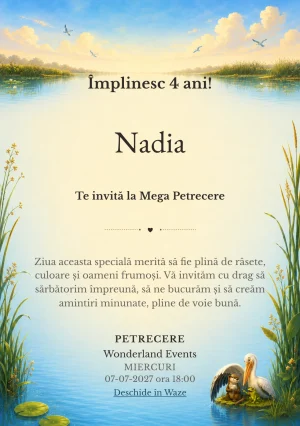 Invitație la zi de naștere Prietenii din Deltă pentru copii, cu un pelican, o vidră și o broască stilizate.