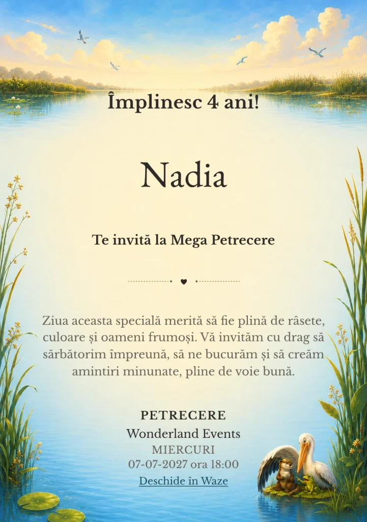 Invitație la zi de naștere Prietenii din Deltă pentru copii, cu un pelican, o vidră și o broască stilizate.