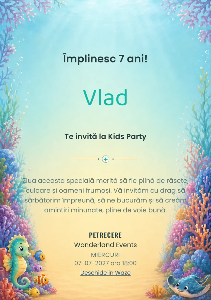 Prietenii din Recif – invitație aniversară pentru copii, cu un căluț de mare, o pisică de mare și pești.