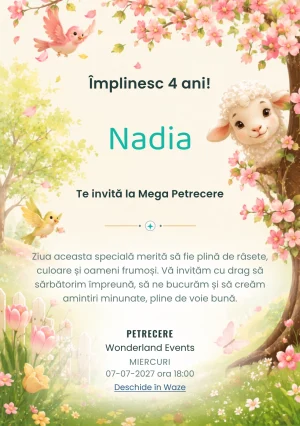 Primăvara Zburdalnică – invitație aniversară pentru copii, cu un miel și două păsări stilizate.