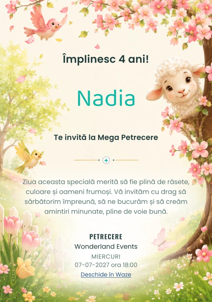 Primăvara Zburdalnică – invitație aniversară pentru copii, cu un miel și două păsări stilizate.