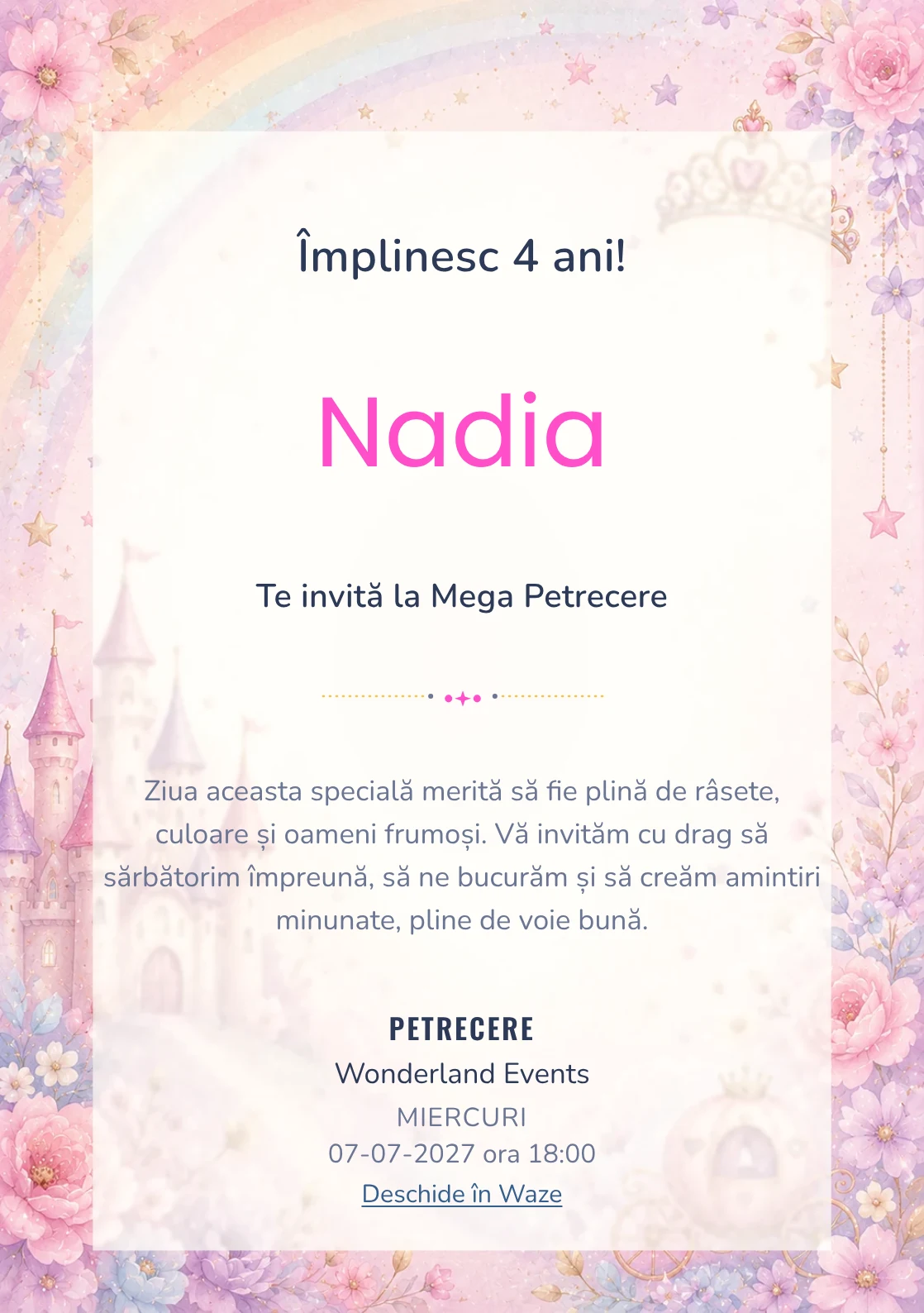 Invitație la zi de naștere Prințesa Curcubeu pentru copii, cu un castel, coroniță, curcubeu delicat și steluțe.