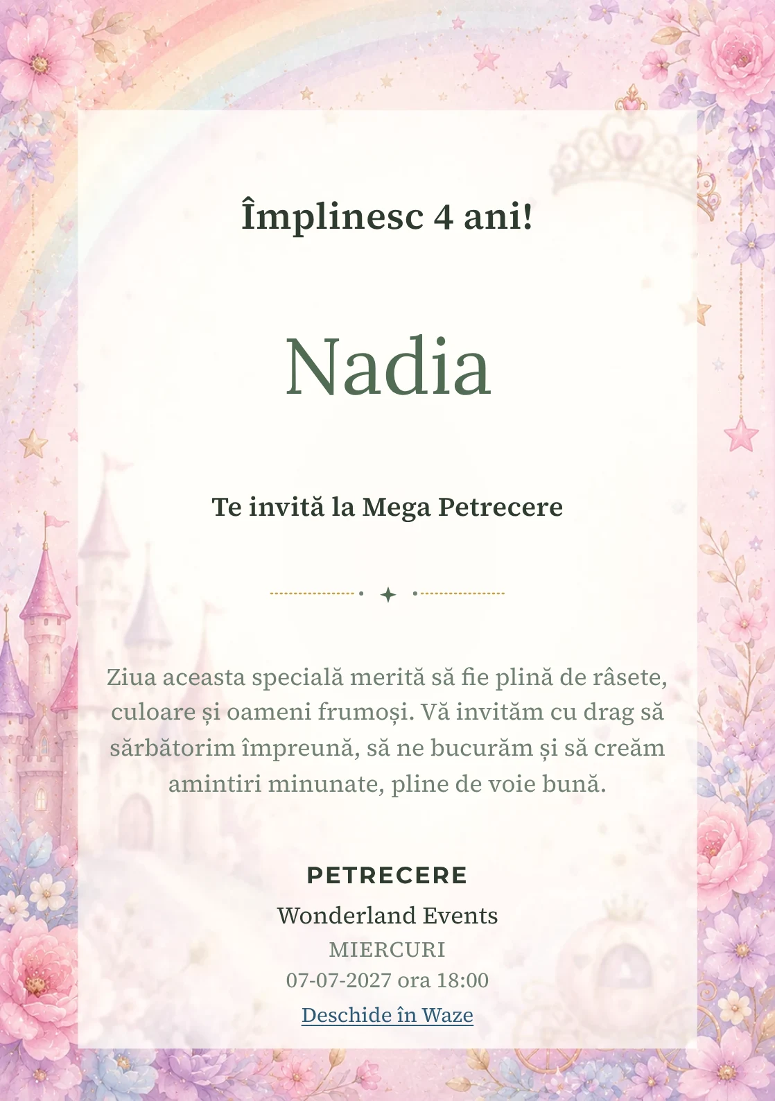 Invitație la zi de naștere Prințesa Curcubeu pentru copii, cu un castel, coroniță, curcubeu delicat și steluțe.