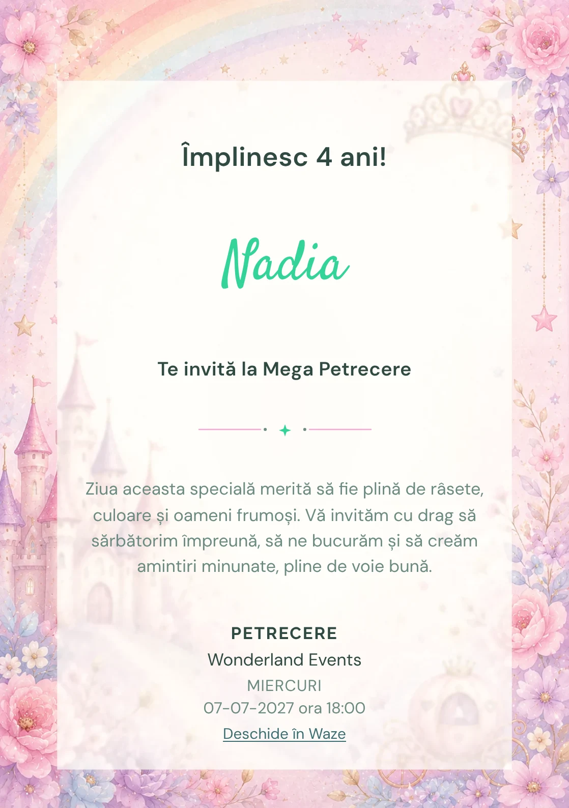 Invitație la zi de naștere Prințesa Curcubeu pentru copii, cu un castel, coroniță, curcubeu delicat și steluțe.