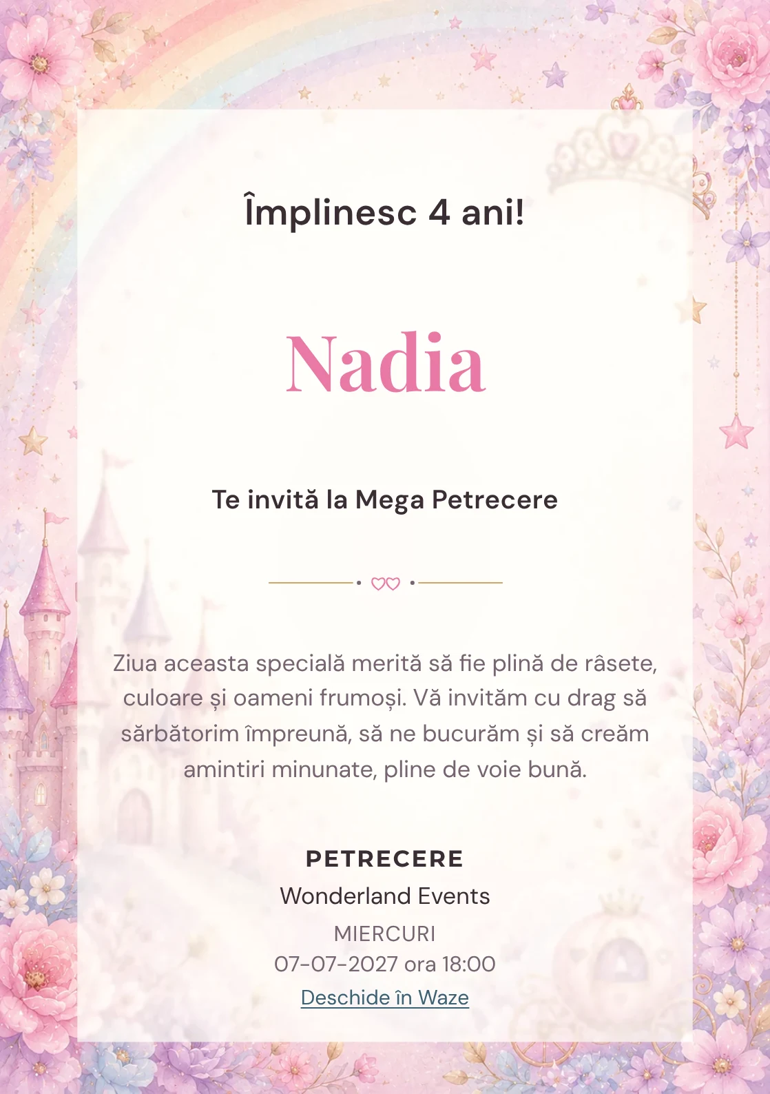 Invitație la zi de naștere Prințesa Curcubeu pentru copii, cu un castel, coroniță, curcubeu delicat și steluțe.