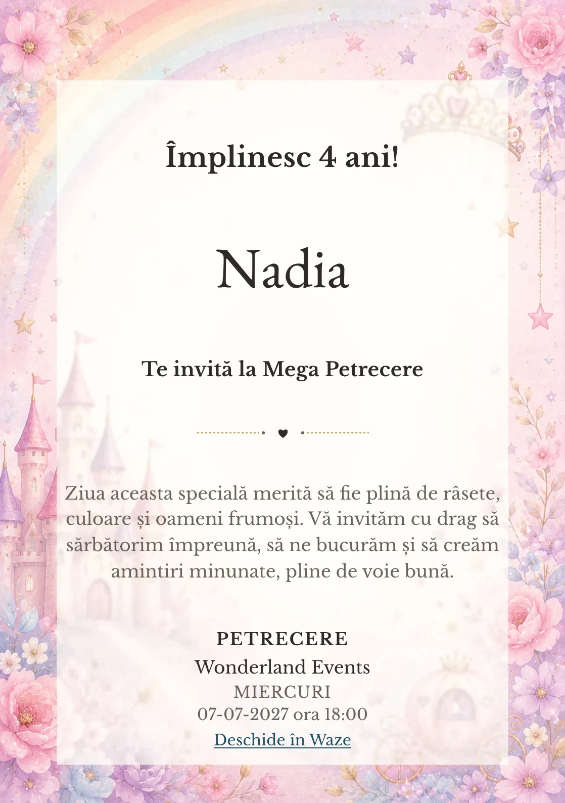 Invitație la zi de naștere Prințesa Curcubeu pentru copii, cu un castel, coroniță, curcubeu delicat și steluțe.