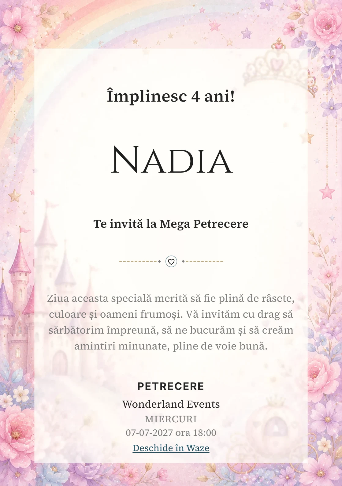 Invitație la zi de naștere Prințesa Curcubeu pentru copii, cu un castel, coroniță, curcubeu delicat și steluțe.
