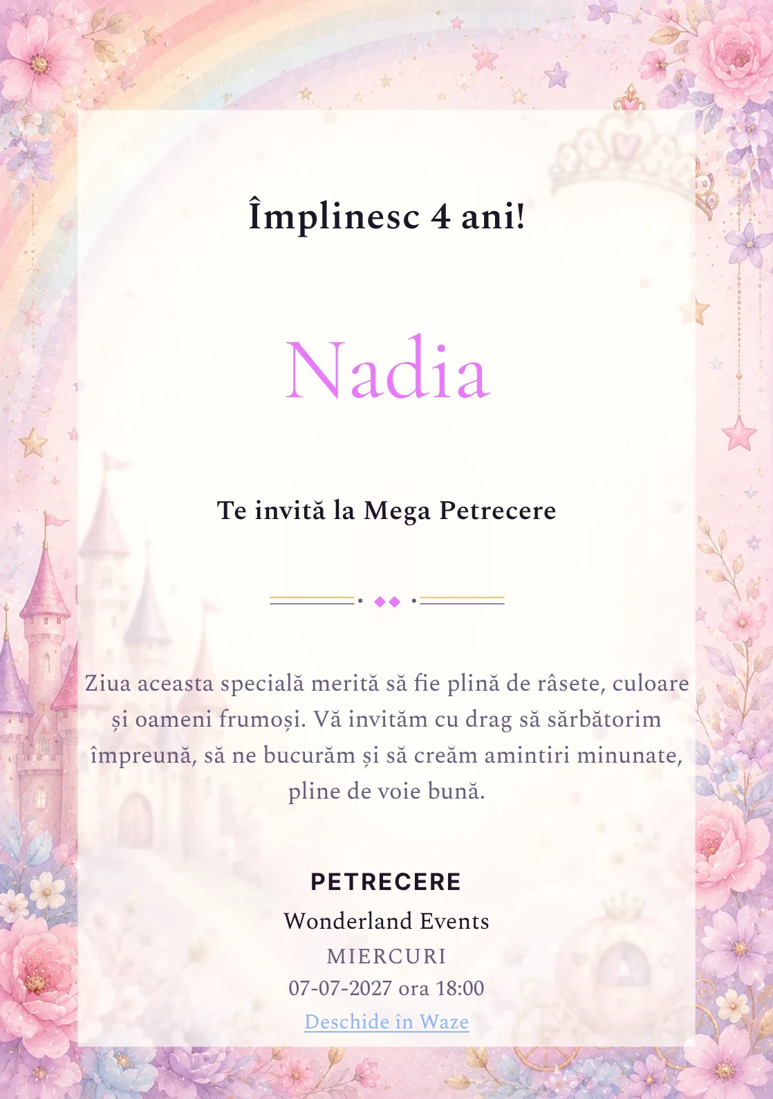Invitație la zi de naștere Prințesa Curcubeu pentru copii, cu un castel, coroniță, curcubeu delicat și steluțe.