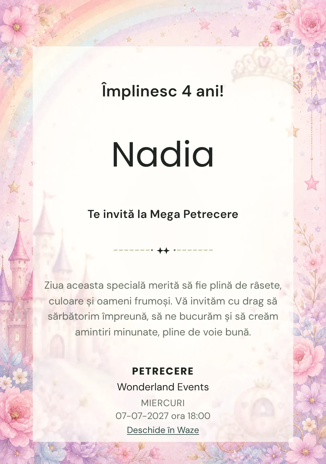 Invitație la zi de naștere Prințesa Curcubeu pentru copii, cu un castel, coroniță, curcubeu delicat și steluțe.