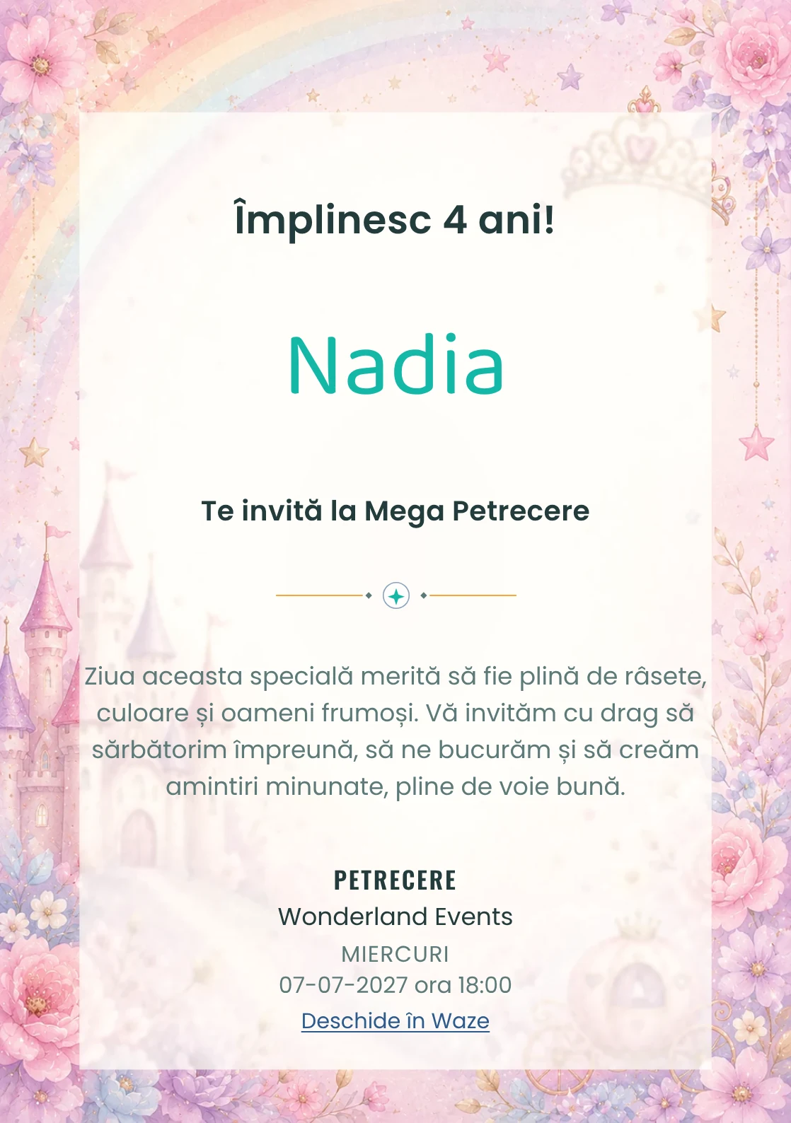 Invitație la zi de naștere Prințesa Curcubeu pentru copii, cu un castel, coroniță, curcubeu delicat și steluțe.