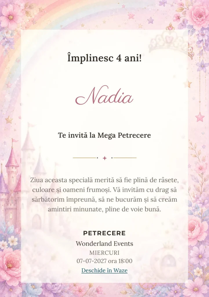 Invitație la zi de naștere Prințesa Curcubeu pentru copii, cu un castel, coroniță, curcubeu delicat și steluțe.