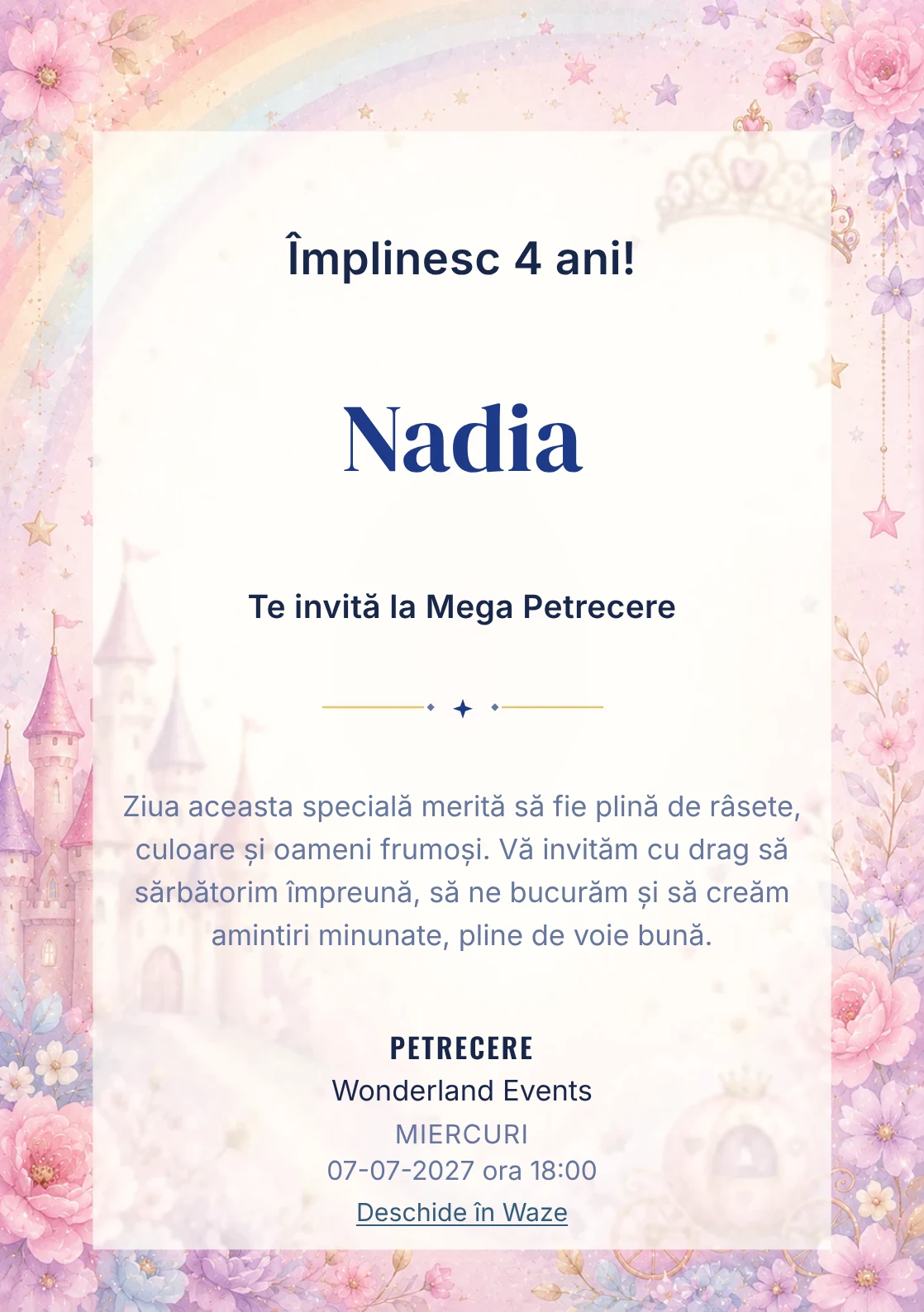 Invitație la zi de naștere Prințesa Curcubeu pentru copii, cu un castel, coroniță, curcubeu delicat și steluțe.