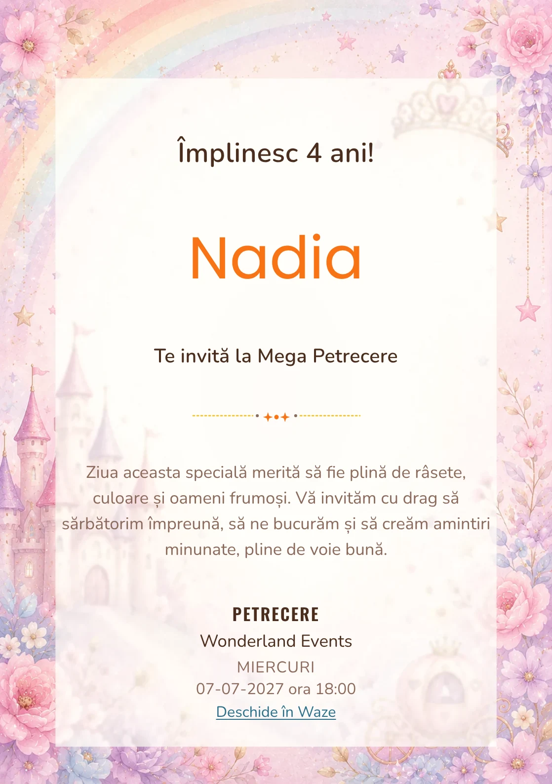 Invitație la zi de naștere Prințesa Curcubeu pentru copii, cu un castel, coroniță, curcubeu delicat și steluțe.