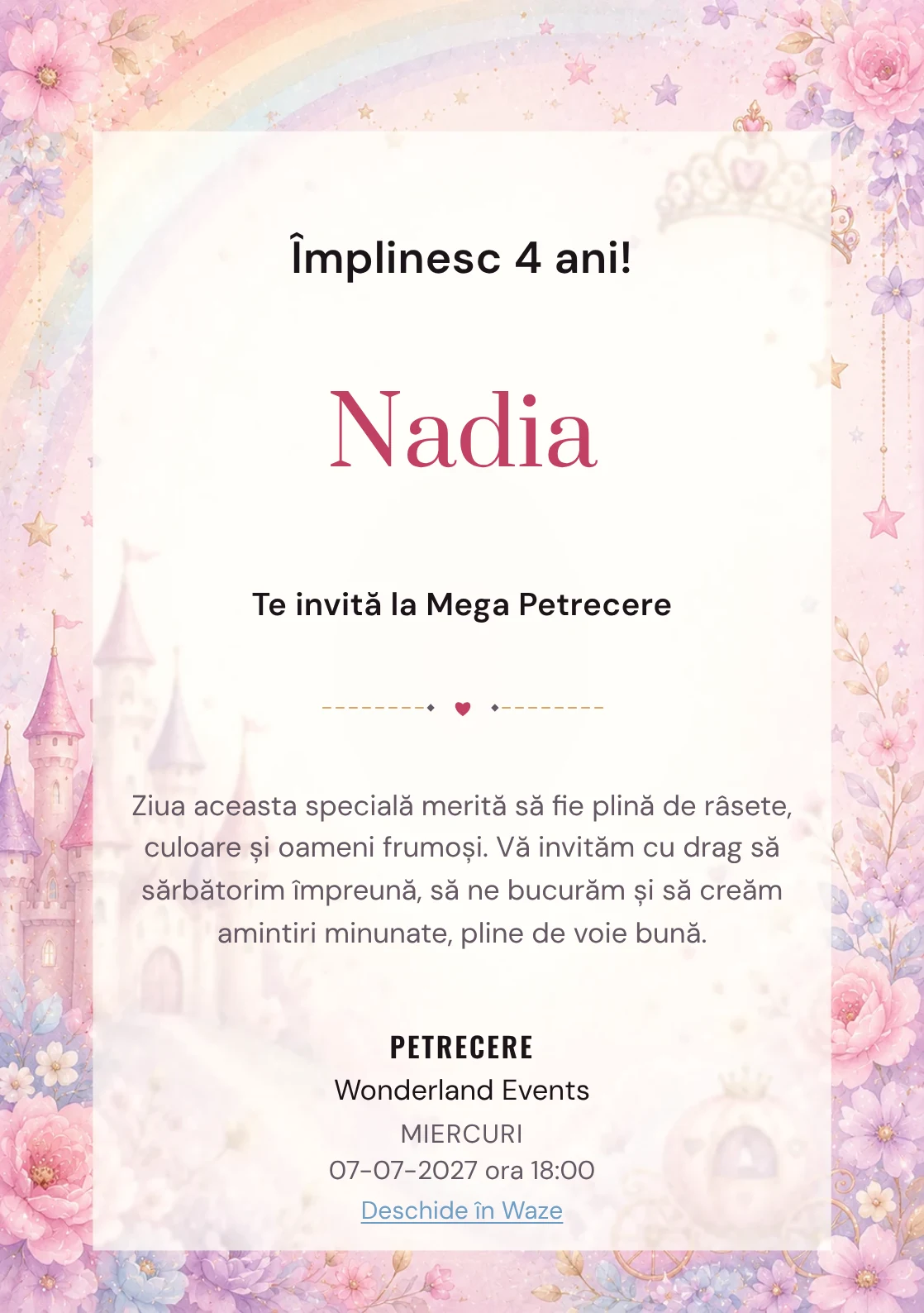 Invitație la zi de naștere Prințesa Curcubeu pentru copii, cu un castel, coroniță, curcubeu delicat și steluțe.