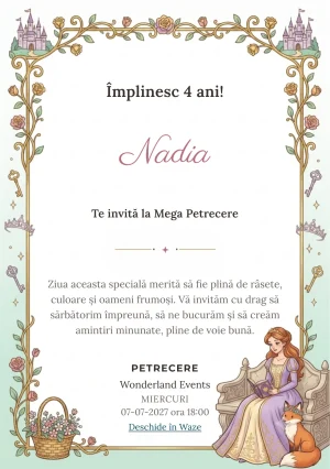 Invitație digitală Prințesa din Poveste – Grădina Fermecată pentru ziua de naștere a copiilor, cu o prințesă, castele, flori și ornamente pastel de basm.