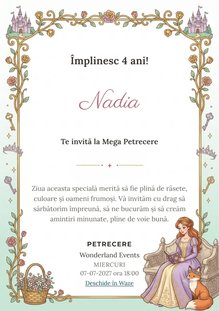 Invitație digitală Prințesa din Poveste – Grădina Fermecată pentru ziua de naștere a copiilor, cu o prințesă, castele, flori și ornamente pastel de basm.