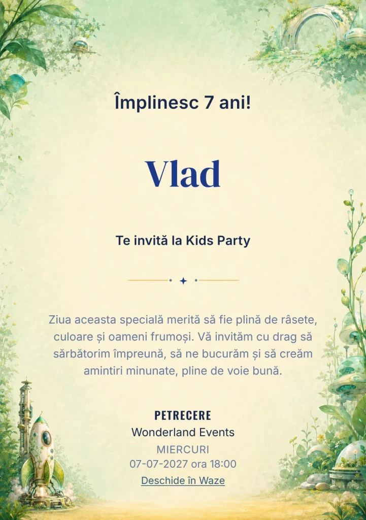 Invitație la zi de naștere Racheta Botanică pentru copii, cu o rachetă cu forme vegetale și ferestre asimetrice.