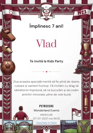Invitație la zi de naștere Rapid București – Pasiune Vișinie pentru copii, cu un cadru fotbalistic vișiniu cu trofee, stadion și simboluri de club.