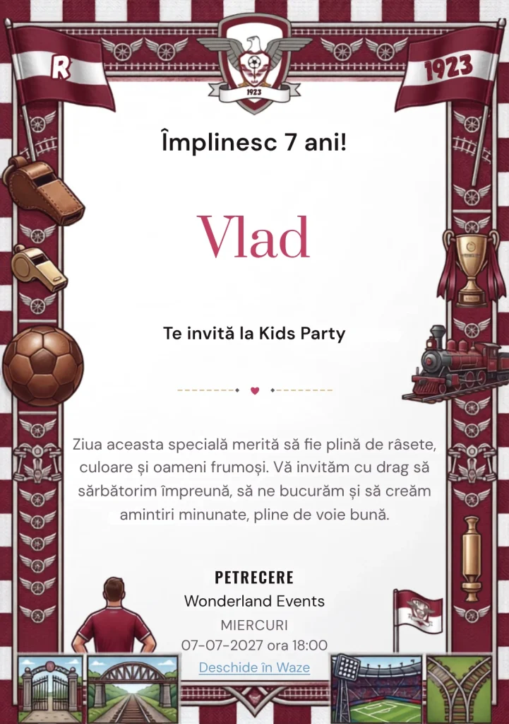 Invitație la zi de naștere Rapid București – Pasiune Vișinie pentru copii, cu un cadru fotbalistic vișiniu cu trofee, stadion și simboluri de club.