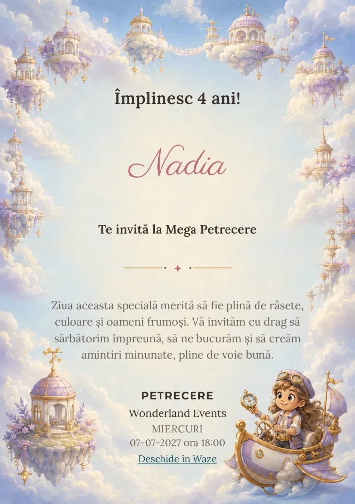Invitație la ziua de naștere Regatul Norilor pentru copii, cu un mic navigator pe o barcă aeriană asimetrică.