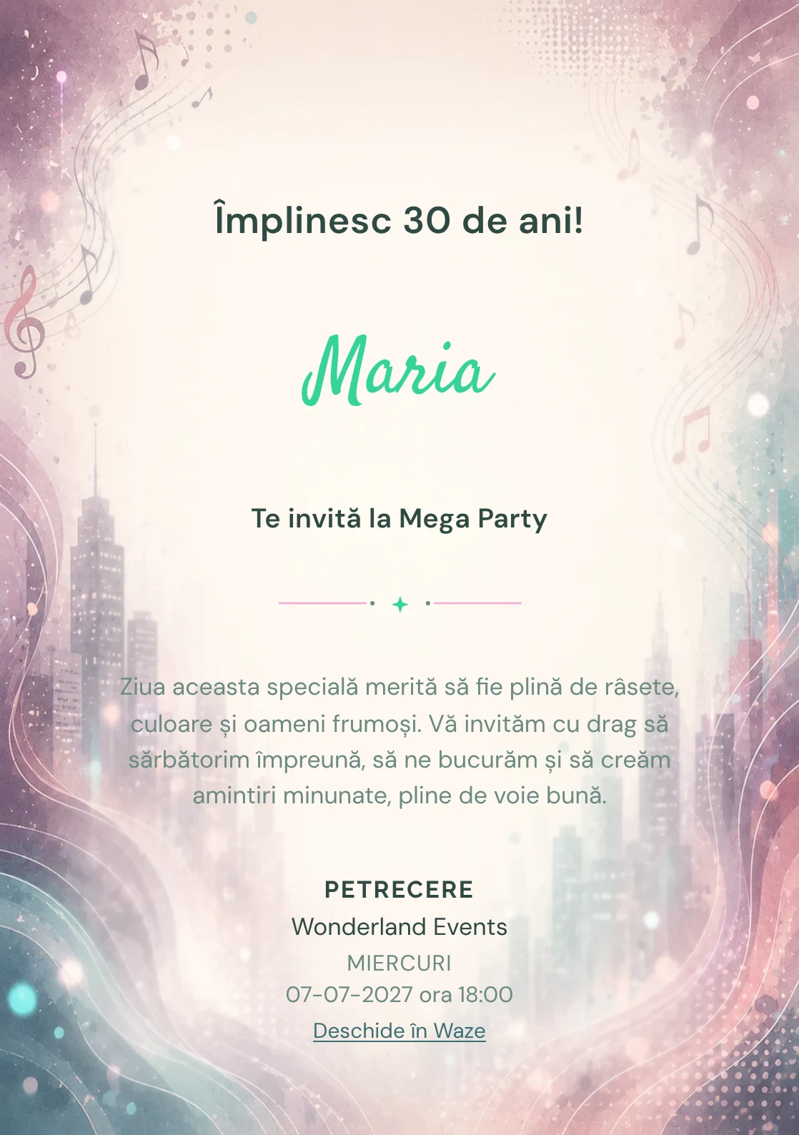 Invitație digitală Ritm Urban pentru ziua de naștere a adulților, cu unde muzicale, lumini de oraș și tonuri plum-teal.