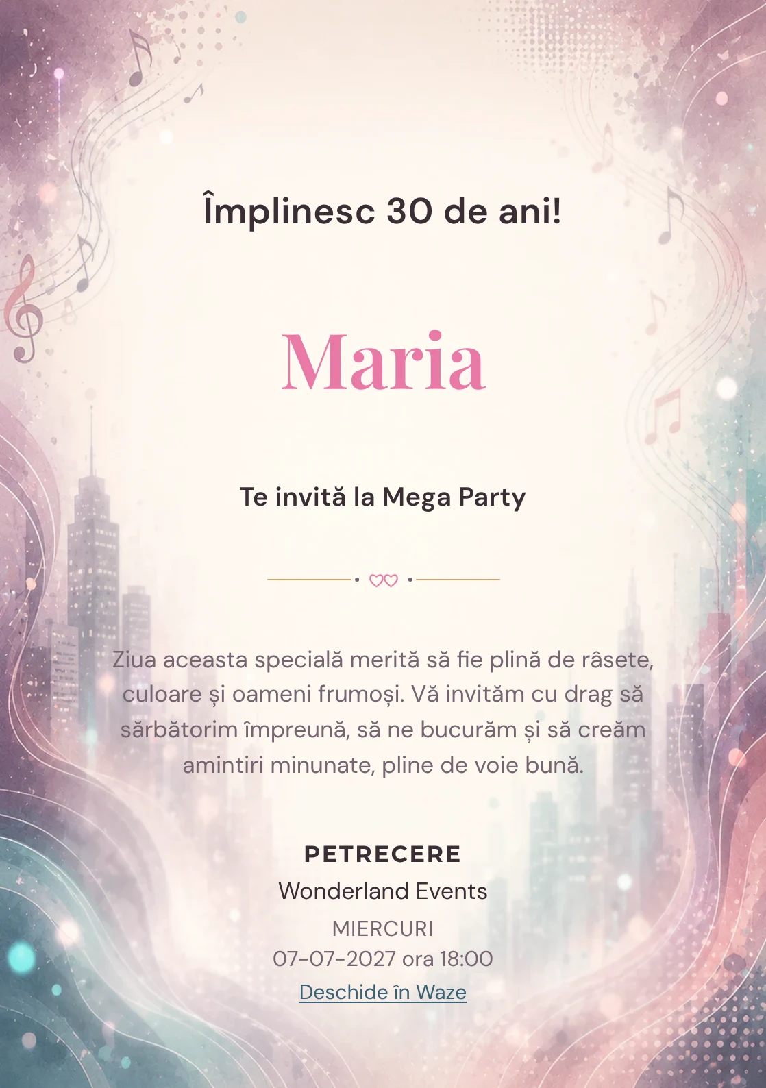 Invitație digitală Ritm Urban pentru ziua de naștere a adulților, cu unde muzicale, lumini de oraș și tonuri plum-teal.