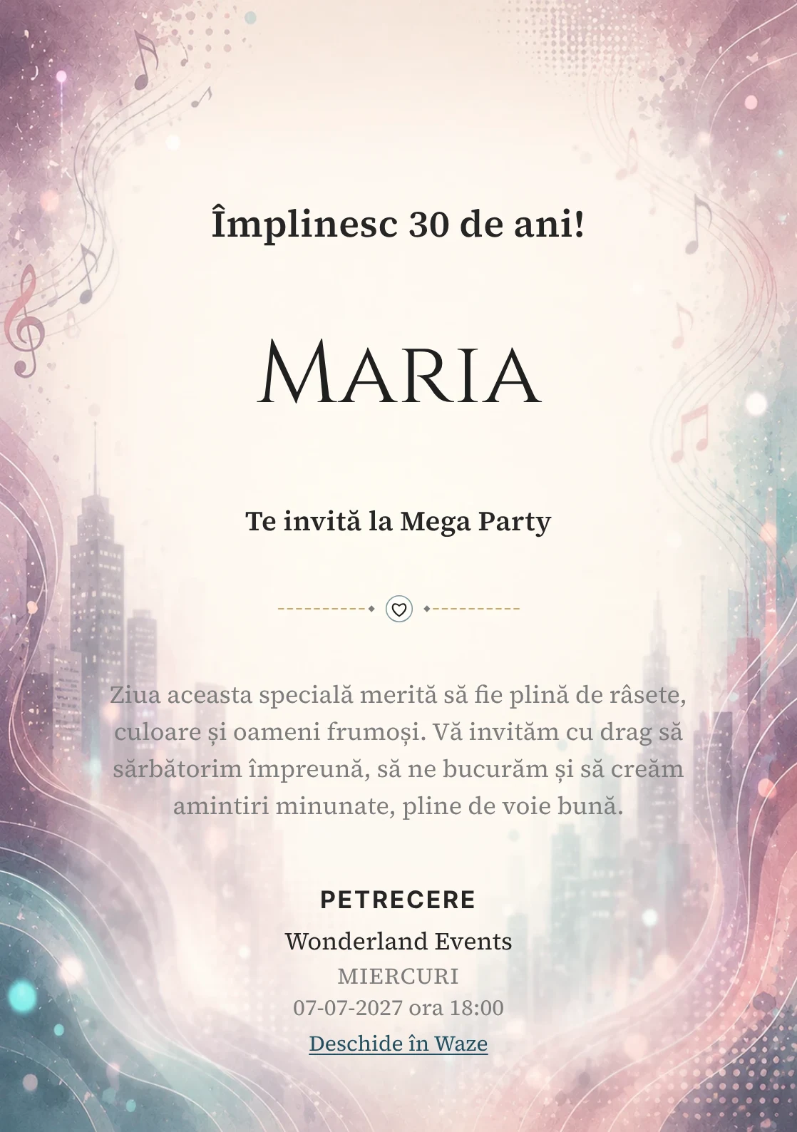 Invitație digitală Ritm Urban pentru ziua de naștere a adulților, cu unde muzicale, lumini de oraș și tonuri plum-teal.