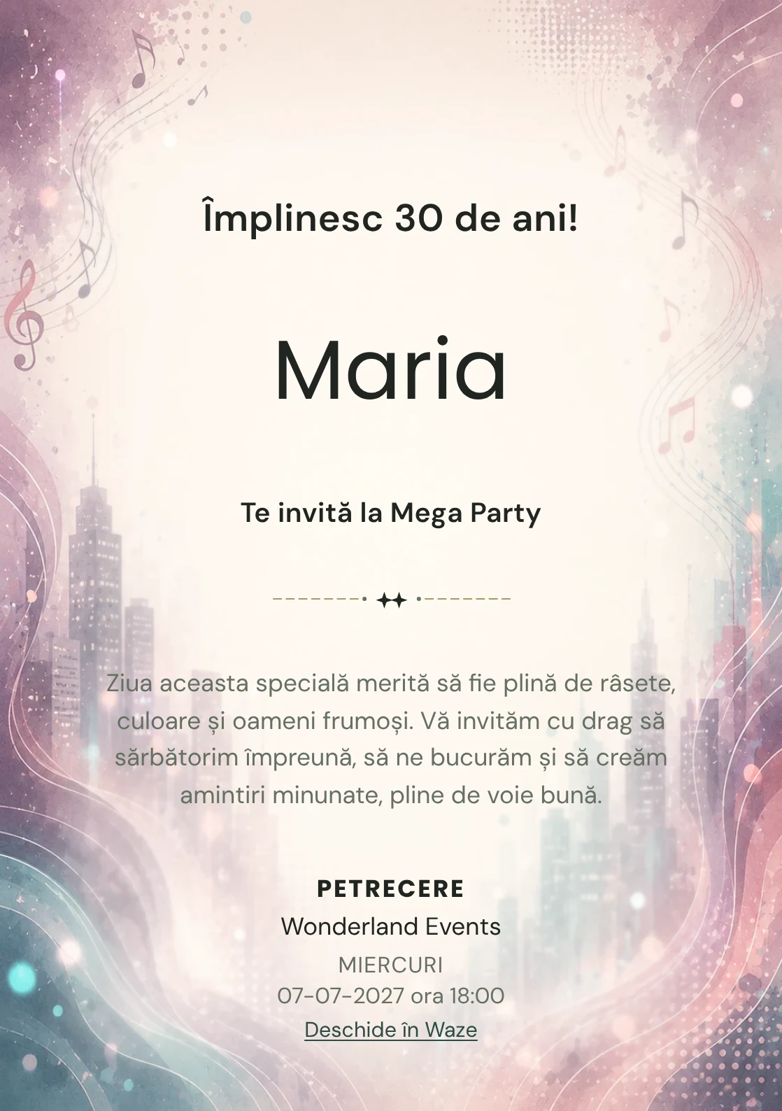 Invitație digitală Ritm Urban pentru ziua de naștere a adulților, cu unde muzicale, lumini de oraș și tonuri plum-teal.