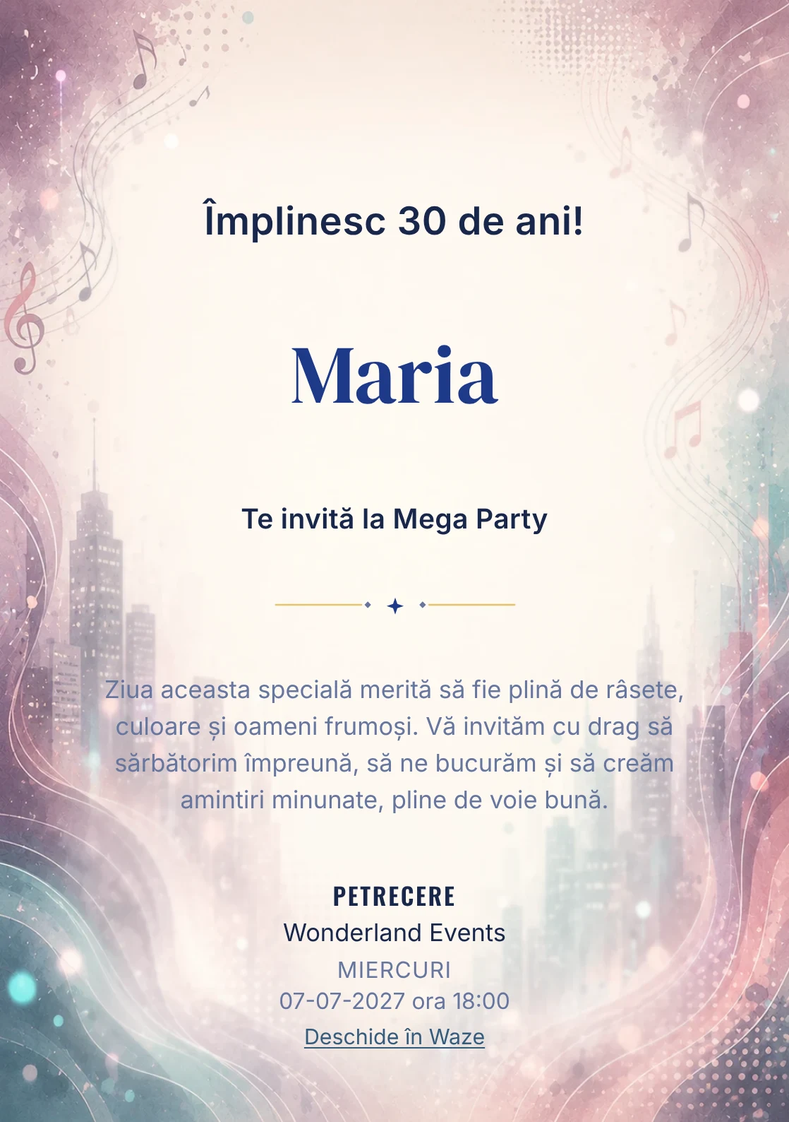 Invitație digitală Ritm Urban pentru ziua de naștere a adulților, cu unde muzicale, lumini de oraș și tonuri plum-teal.
