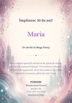 Invitație digitală Ritm Urban pentru ziua de naștere a adulților, cu unde muzicale, lumini de oraș și tonuri plum-teal.