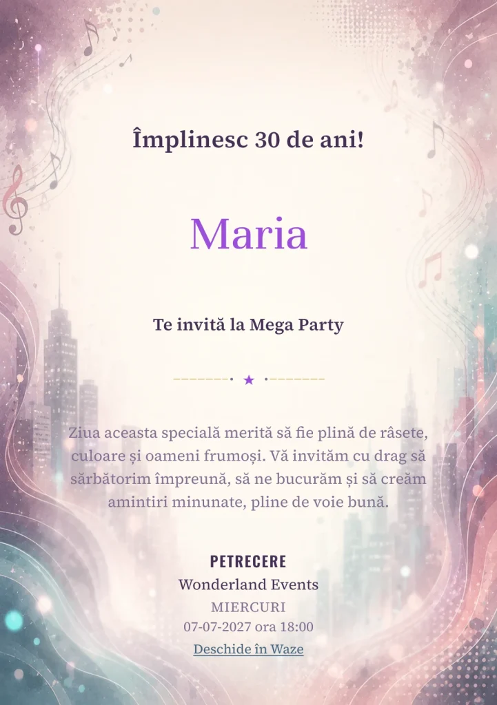 Invitație digitală Ritm Urban pentru ziua de naștere a adulților, cu unde muzicale, lumini de oraș și tonuri plum-teal.