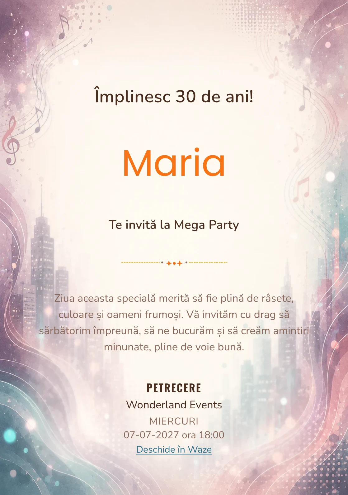 Invitație digitală Ritm Urban pentru ziua de naștere a adulților, cu unde muzicale, lumini de oraș și tonuri plum-teal.