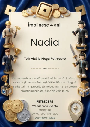 Invitație la ziua de naștere Roblox – Aventura în Lumea Jocurilor pentru copii, cu personaje stilizate, monede, obiecte de joc și decor digital.